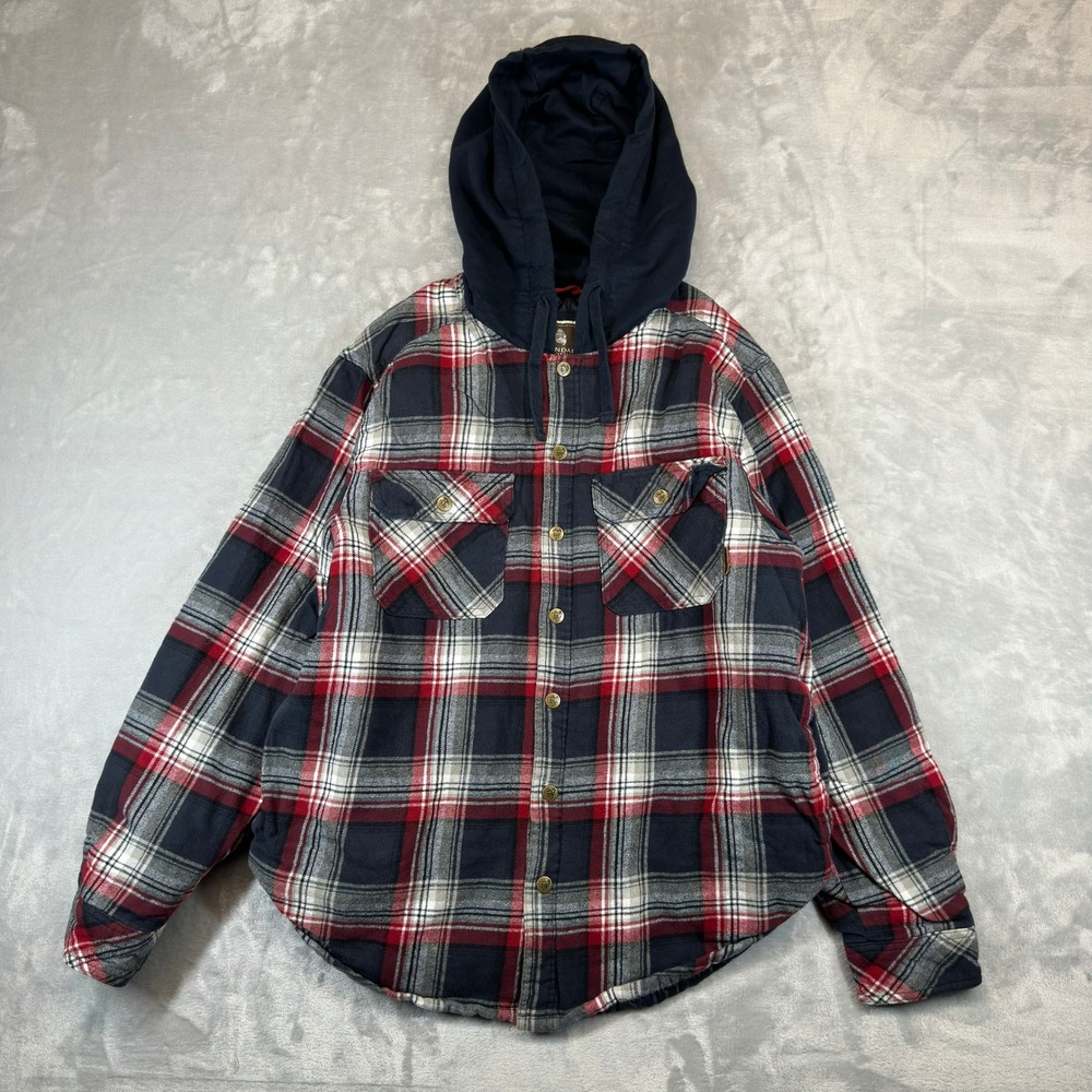Legendary Outfitters Flannel Jacket Mens L Red Plaid Hooded Quilted Insulated